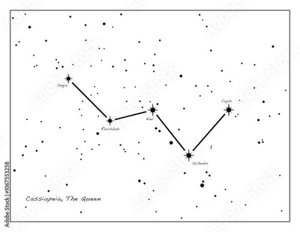 Fototapeta Simple astronomical illustration of the constellation Cassiopeia (The Queen). Design elements on transparent background. Use for print, websites and other graphics. Available as PNG or JPG.