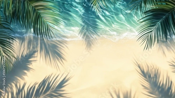 Fototapeta Palm leaf shadows on tropical sandy beach abstract background