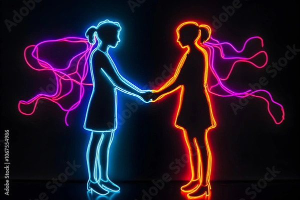 Fototapeta Neon silhouette of handshake symbolizing conflict resolution isolated on black background.