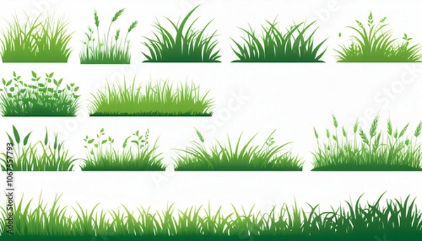 Fototapeta Green grass silhouettes form a vector set against a white background, evoking natural and organic themes suitable for concept design._00001_