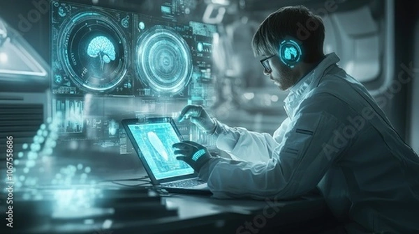 Fototapeta Close-up of doctor typing on laptop, digital health icons floating around, minimalistic background, cyberpunk style, high-tech aesthetic