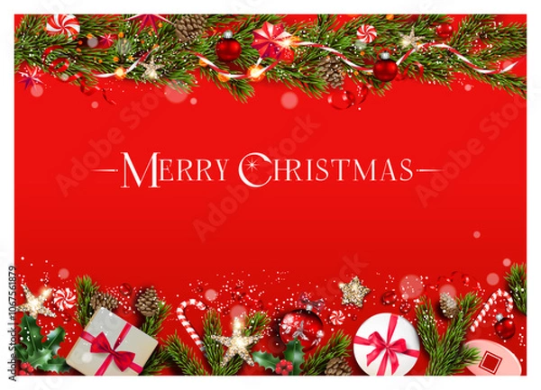 Fototapeta Christmas winter red background with decor.eps