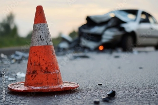 Fototapeta Orange traffic cone warning of car crash on wet road