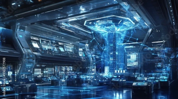 Fototapeta Futuristic high tech control room with glowing digital displays and a large data network visualization in the center.