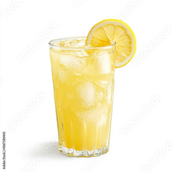 Fototapeta A cup of fresh lemonade with a lemon slice, isolated on a white background, showcasing a refreshing summer drink