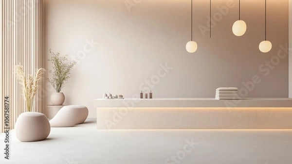 Fototapeta Elegant spa reception area with natural wood elements and soft lighting