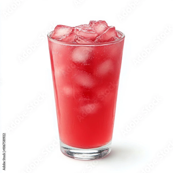 Fototapeta A glass of watermelon lemonade with ice, isolated on a white background, emphasizing a summery drink