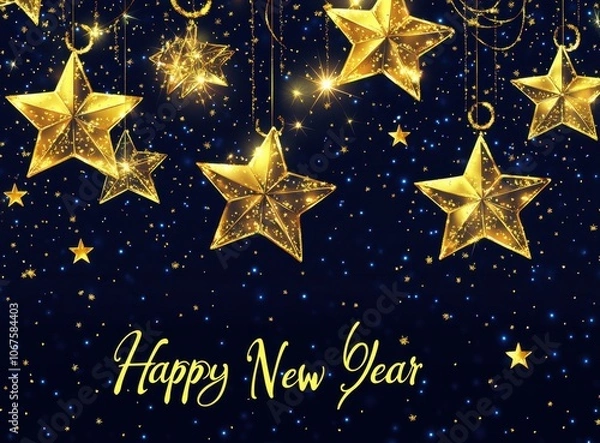 Obraz Happy New Year! Golden stars on a dark background with calligraphy text "Happy New Year" Generative AI