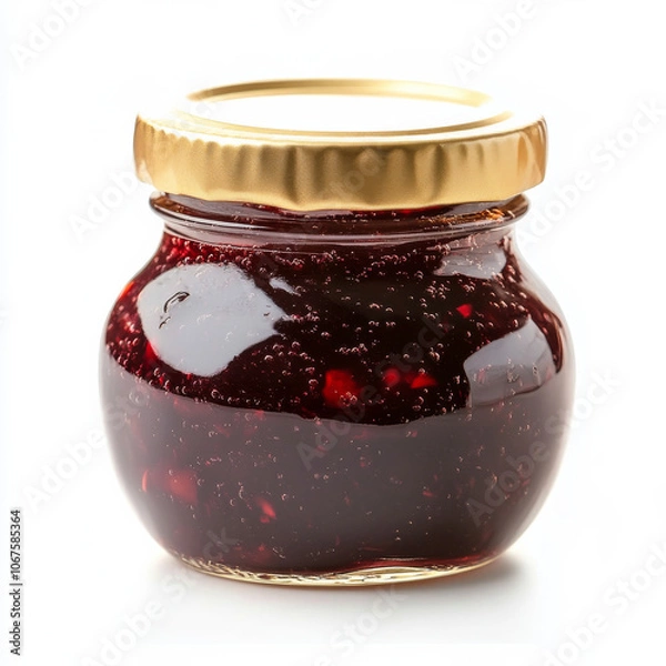 Fototapeta A small jar of strawberry jam with visible fruit chunks, isolated on a white background, highlighting a sweet spread