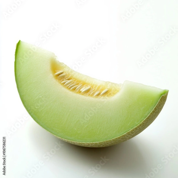 Fototapeta A slice of honeydew melon with seeds visible, isolated on a white background, highlighting a refreshing fruit