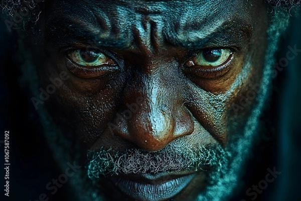 Fototapeta Intense close-up portrait of elderly man with deep eyes and graying beard
