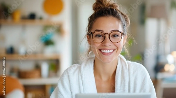 Fototapeta A cheerful woman with glasses and a bun sits at her desk, working remotely from her cozy home office, showcasing modern work-life balance lifestyle.