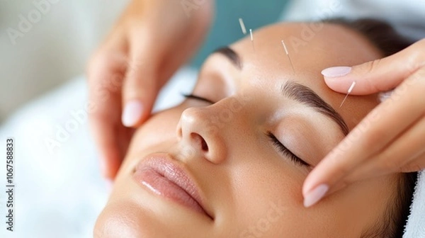 Obraz A serene woman receives facial acupuncture treatment, highlighting relaxation and traditional healing practices, with calm and soothing atmosphere throughout the session.