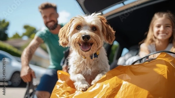 Obraz A small, energetic dog looks out from a car trunk, closely accompanied by a smiling family, ready for a delightful adventure on a bright day. Shows companionship.