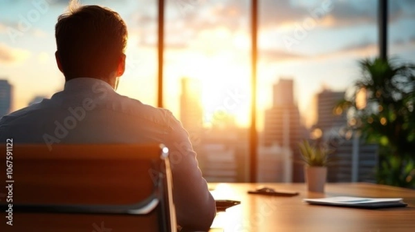 Obraz A man sits in an office chair, gazing out large windows at a city skyline as the sun sets, suggesting a moment of reflection in a busy urban life.