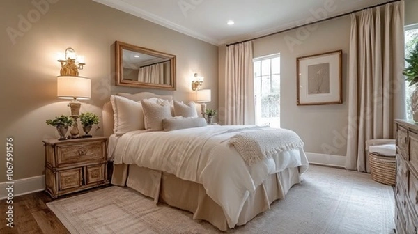 Fototapeta A Luxurious and Well-Appointed Bedroom with White Bedding and Golden Accents