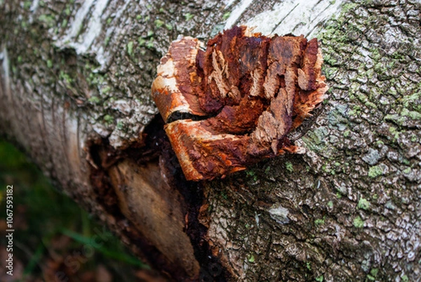 Fototapeta Damaged birch bark in autumn forest
