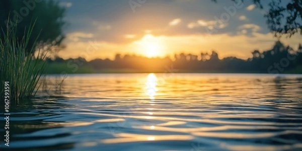 Fototapeta A tranquil lake scene with a golden sunset, calm waters reflecting the sky's hues for a peaceful ambiance.