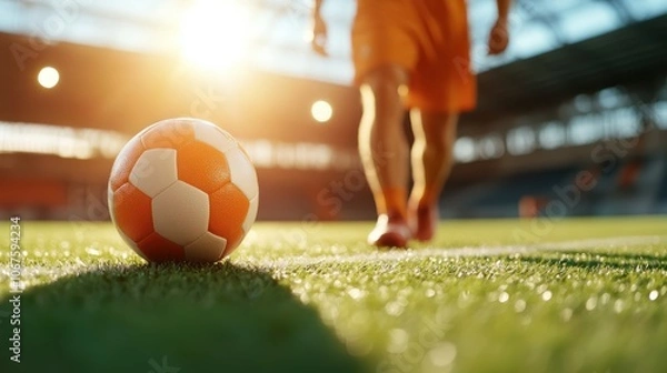 Fototapeta A soccer player in orange walks towards a ball on a field under a dramatic sunset, representing determination, focus, and the passion for the game, blending with nature.