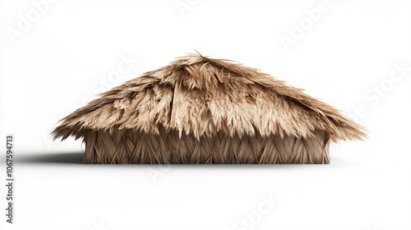 Fototapeta Bamboo thatched hut front view on white background for rustic architecture concepts