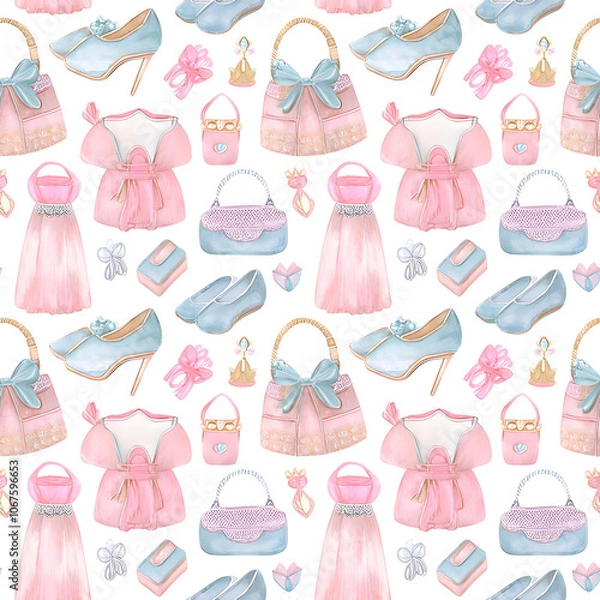 Fototapeta Seamless Wallpaper Background: Watercolor Tiny Princess Accessories in Soft Pastel Tones
