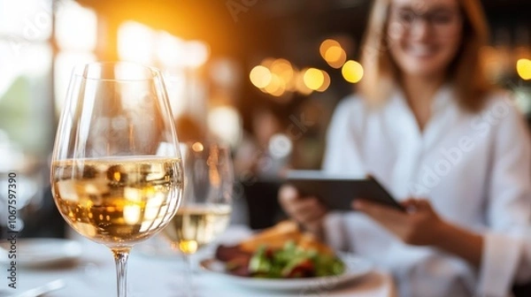 Fototapeta A clear glass of white wine takes center stage against a blurred backdrop of a woman in a dining setting, emphasizing reflection and serenity.