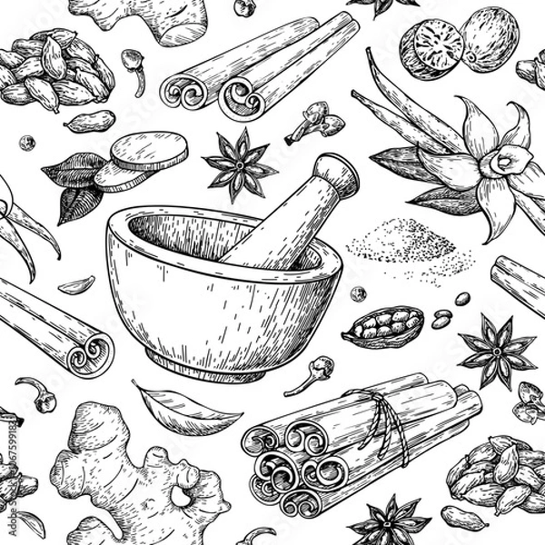 Fototapeta Winter spice seamless pattern, vector drawing. Flavoring seeds and herbs for christmas food and drinks.