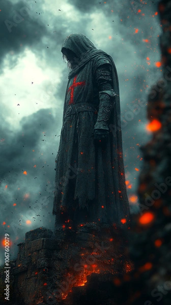 Fototapeta A Knight Templar stands atop a castle wall, his gaze fixed on the besieging forces below.