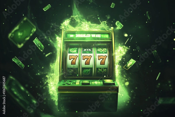 Fototapeta Slot machine surrounded by green glowing light and flying dollar bills creating a vibrant casino theme  
