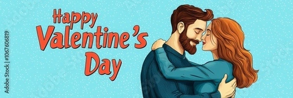 Fototapeta A couple embraces on a blue and white background with the words "Happy Valentine's Day" in red.