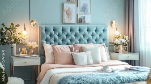 Fototapeta A Stylish and Modern Bedroom with a Blue Headboard and Plush Bedding
