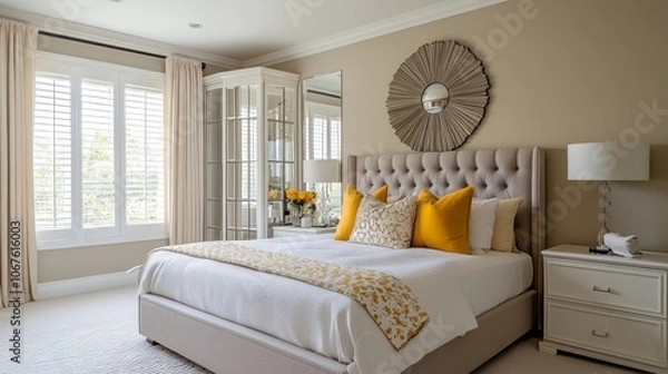 Fototapeta A Luxurious Beige and Yellow Bedroom with White Shutters and a Decorative Mirror