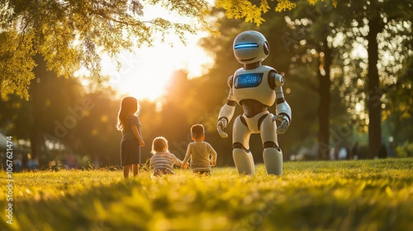 Obraz Friendly Robot Approaching Children in a Park at Sunset