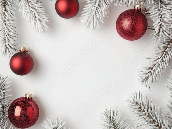 Fototapeta Festive Christmas background with red baubles snowy branches
