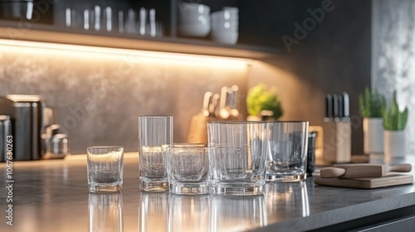 Fototapeta Elegant glassware arrangement, contemporary kitchen setting, vibrant reflections, stylish decor, inviting atmosphere, accentuating modern design elements, perfect for entertaining guests