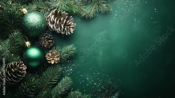 Fototapeta Christmas background. decorated with pine branches, pinecones, ball and shiny ornaments, perfect for a holiday-themed design.