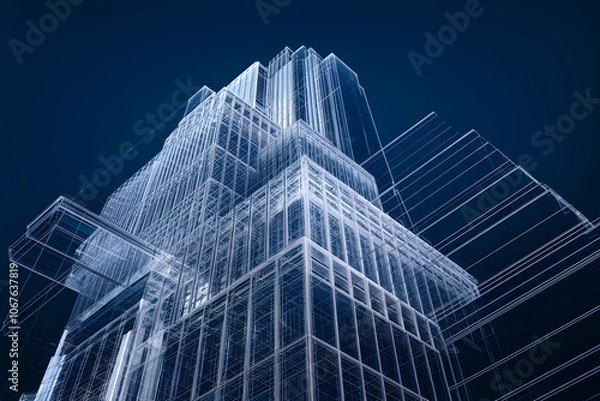 Fototapeta Futuristic skyscraper wireframe, blue background highlighting architectural digital complexity