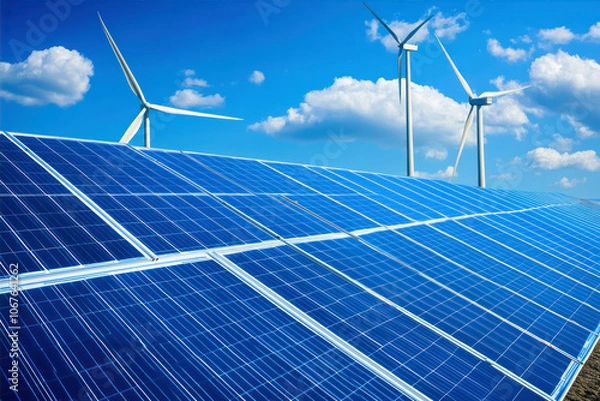 Fototapeta Handdrawn Blue Sketch Depicting Solar Panels and Wind Turbines Under a Clear Sky