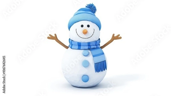 Fototapeta A cheerful snowman with a blue scarf and hat, smiling warmly against a white background, perfect for winter imagery.