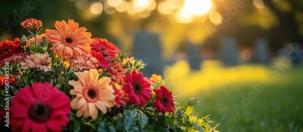 Fototapeta A bouquet of colorful flowers on a grave in a cemetery during golden hour.