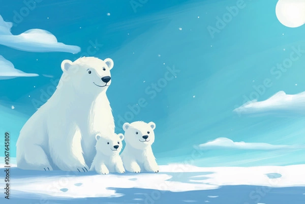 Fototapeta Polar bear and her cubs playing on a vast expanse of ice in the Arctic, with frolicking antics and fluffy fur keeping them warm in the frigid temperatures