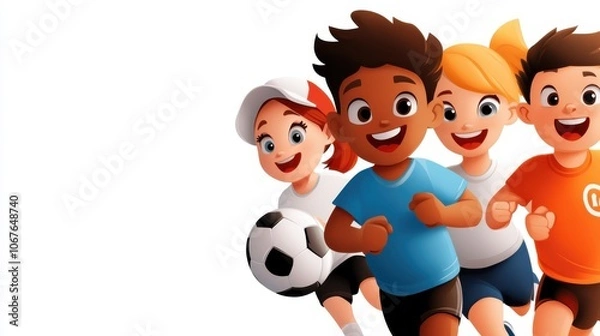 Fototapeta A delightful cartoon scene of kids running joyfully together, with a focus on a soccer ball, illustrating themes of play, teamwork, and the joy of childhood.