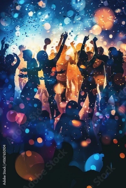 Fototapeta Group of diverse individuals dancing in the dark with lights and confetti