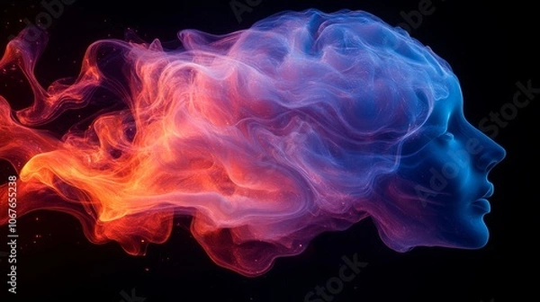 Obraz Dynamic smoke representation of a brain with colorful swirls and shapes against a dark background