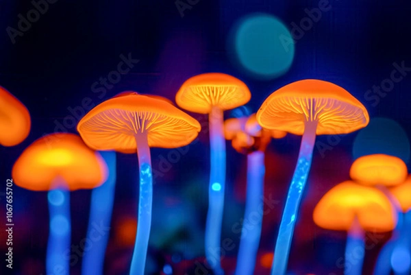 Fototapeta Bioluminescent forest alive with glowing insects and shimmering fungi, lighting up the night with an otherworldly glow