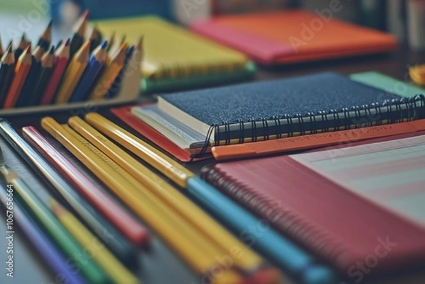 Fototapeta Close-Up of Colorful School Supplies with Notebooks, Colored Pencils, and Rulers Arranged on a Desk for Classroom or Study Use