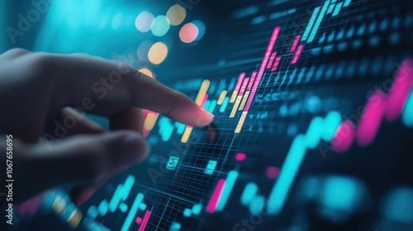 Fototapeta Investing and analysis concept, with a a finger pointing at forex market indicators on a virtual screen, showcasing dynamic financial trends and market changes