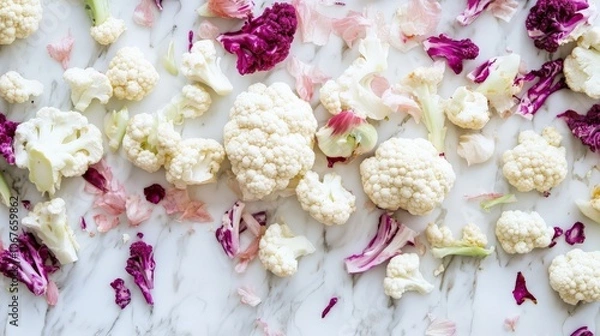 Fototapeta Cauliflower florets in various sizes are arranged casually on a smooth white marble surface, highlighting their crisp texture and fresh colors. Its vibrant appearance invites culinary creativity