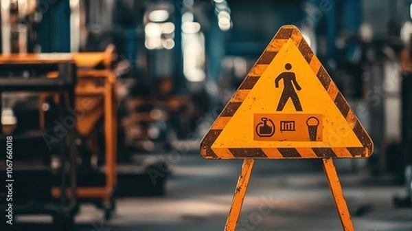 Fototapeta A caution sign warns of pedestrian activity in a construction area, surrounded by industrial equipment and a busy work environment.