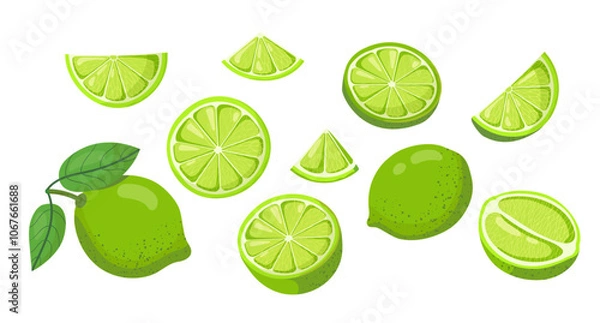 Fototapeta Lime fruit whole, half, slice. Set of fresh limes.